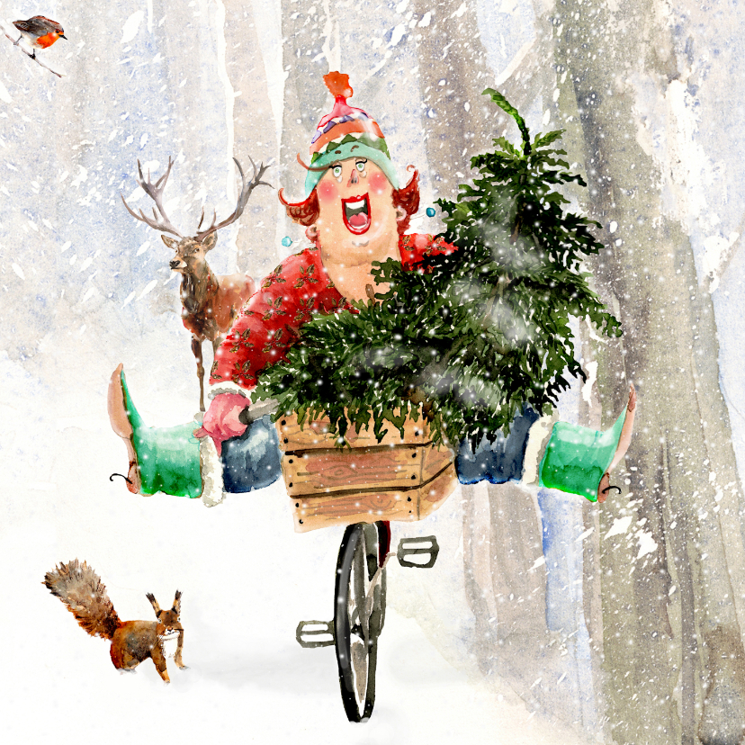 Kerstkaarten - Kerstkaart Met de boom op de fiets