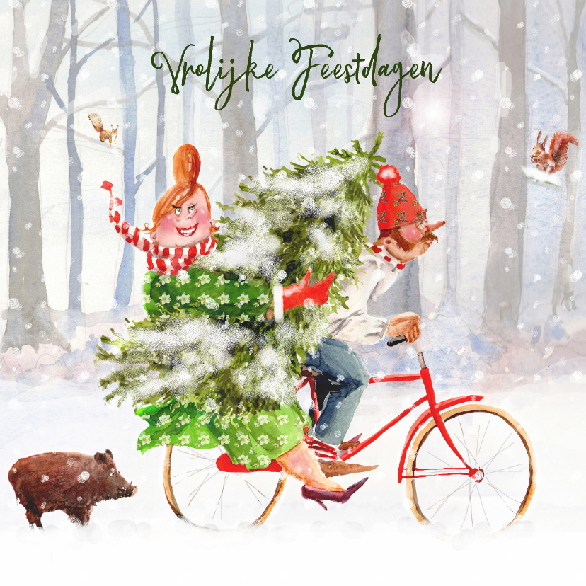 Kerstkaart met de kerstboom op de fiets - Kerstkaarten Kerstkaarten - Kerstkaart met de kerstboom op de fiets