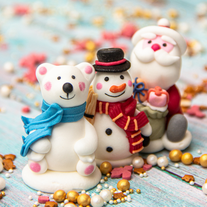 Kerstkaarten - Kerstkaart met de kerstman, een beer en een sneeuwpop