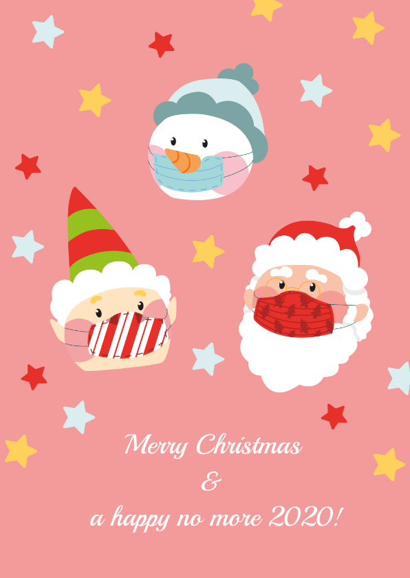 Kerstkaart met drie figuren corona mondkapje roze - Kerstkaarten Kerstkaarten - Kerstkaart met drie figuren corona mondkapje roze