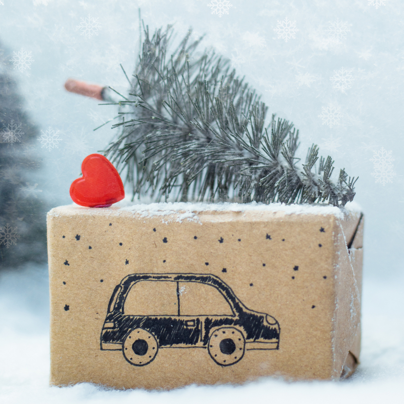 Kerstkaarten - Kerstkaart met een auto met een kerstboom