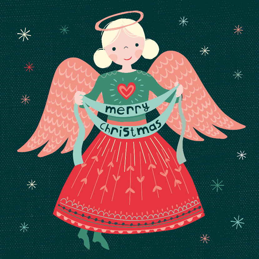 Kerstkaart met een engel die banner vasthoudt - Kerstkaarten Kerstkaarten - Kerstkaart met een engel die banner vasthoudt