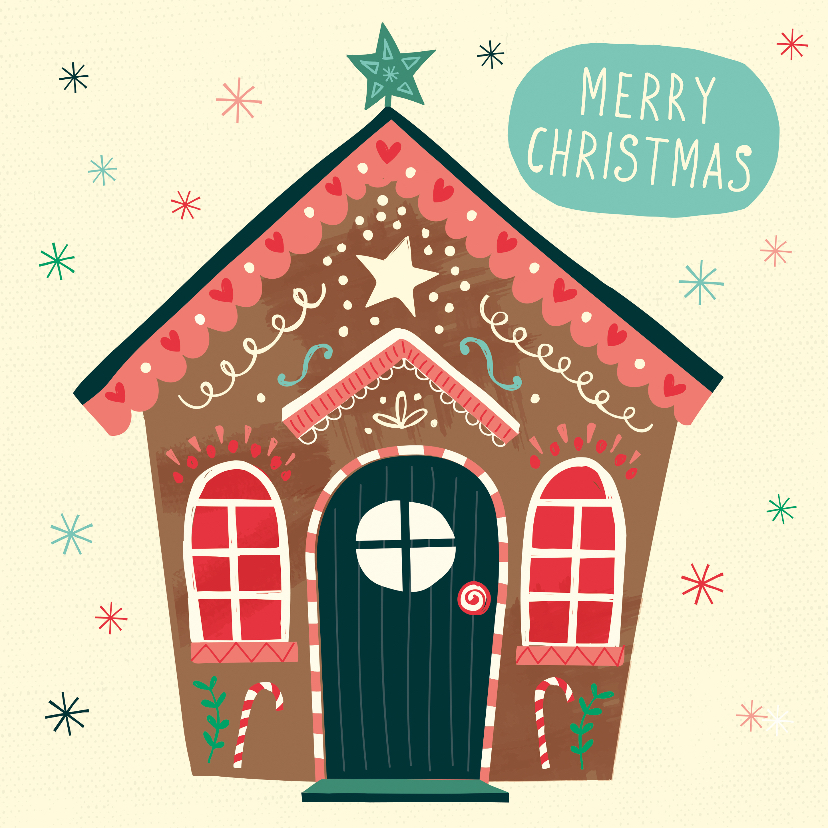 Kerstkaart met een peperkoekhuisje / gingerbread house - Kerstkaarten Kerstkaarten - Kerstkaart met een peperkoekhuisje / gingerbread house