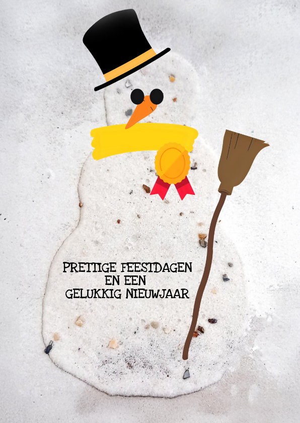 Kerstkaarten - Kerstkaart met een sneeuwpop met bezem