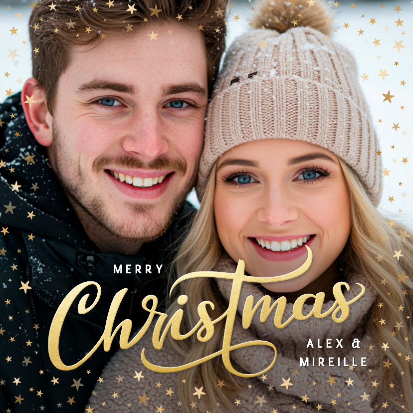 Kerstkaarten - Kerstkaart met eigen foto en gouden sterretjes kader