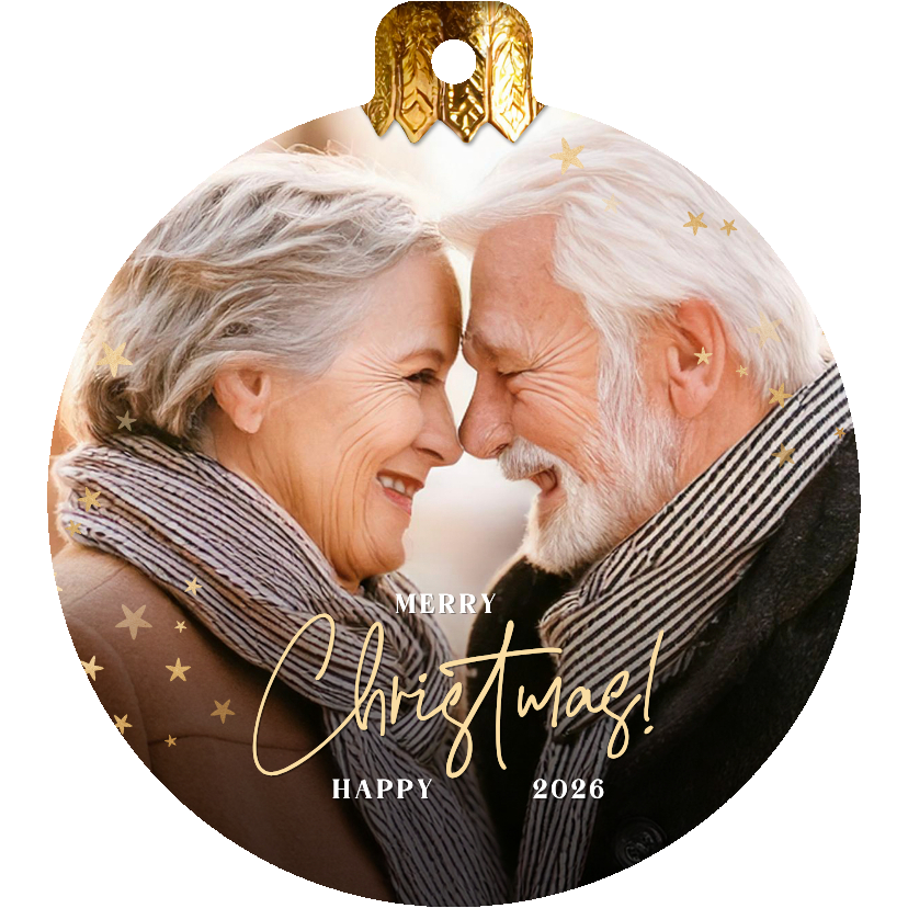 Kerstkaarten - Kerstkaart met eigen grote foto uitgesneden in kerstbal vorm