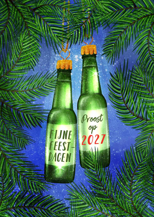 Kerstkaart met flesjes bier aan kersttakjes - Kerstkaarten Kerstkaarten - Kerstkaart met flesjes bier aan kersttakjes