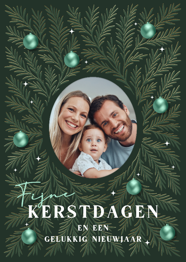 Kerstkaart met foto en groene dennentakken - Kerstkaarten Kerstkaarten - Kerstkaart met foto en groene dennentakken