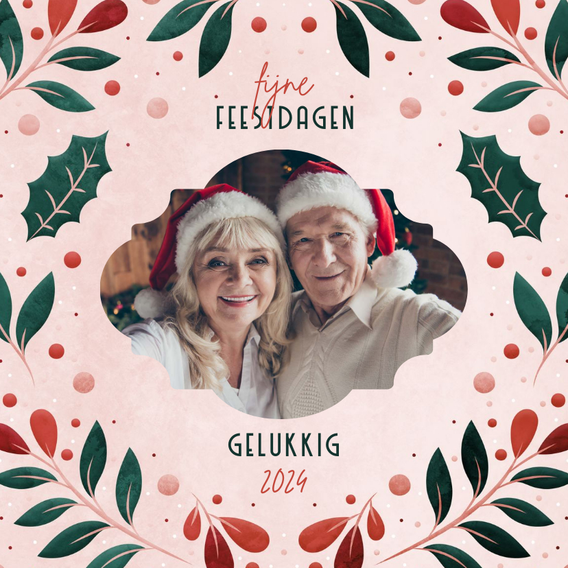 Kerstkaart met foto en vrolijke blaadjes - Kerstkaarten Kerstkaarten - Kerstkaart met foto en vrolijke blaadjes