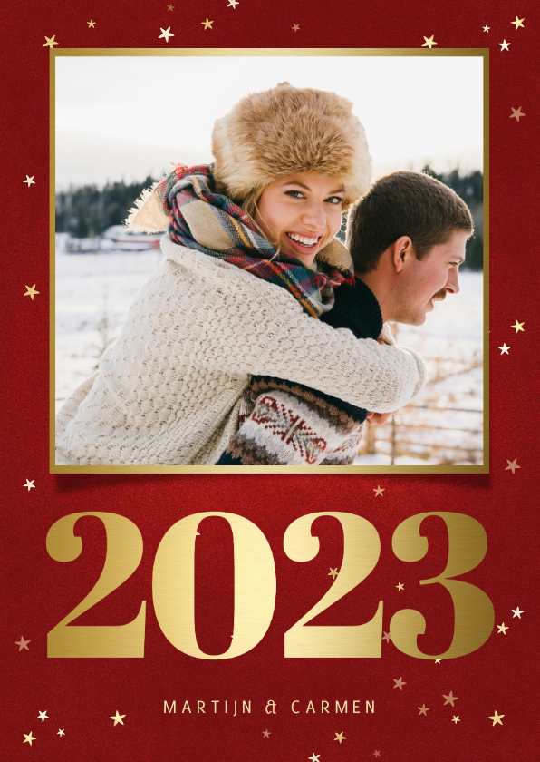 Kerstkaart met foto, gouden 2023 en sterren - Kerstkaarten Kerstkaarten - Kerstkaart met foto, gouden 2023 en sterren