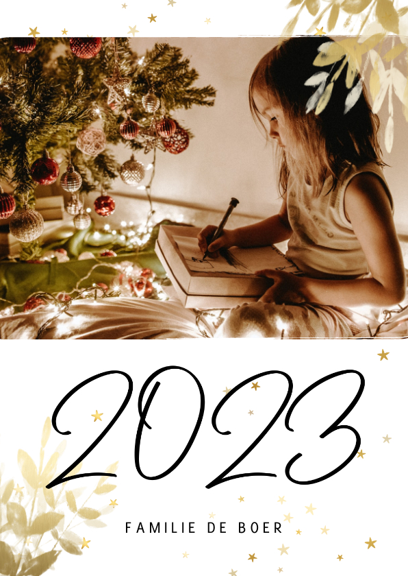 Kerstkaart met foto, gouden sterren en handgeschreven 2022 - Kerstkaarten Kerstkaarten - Kerstkaart met foto, gouden sterren en handgeschreven 2022