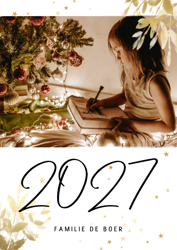 Kerstkaart met foto, gouden sterren en handgeschreven 2027 - Kerstkaarten Kerstkaarten - Kerstkaart met foto, gouden sterren en handgeschreven 2027