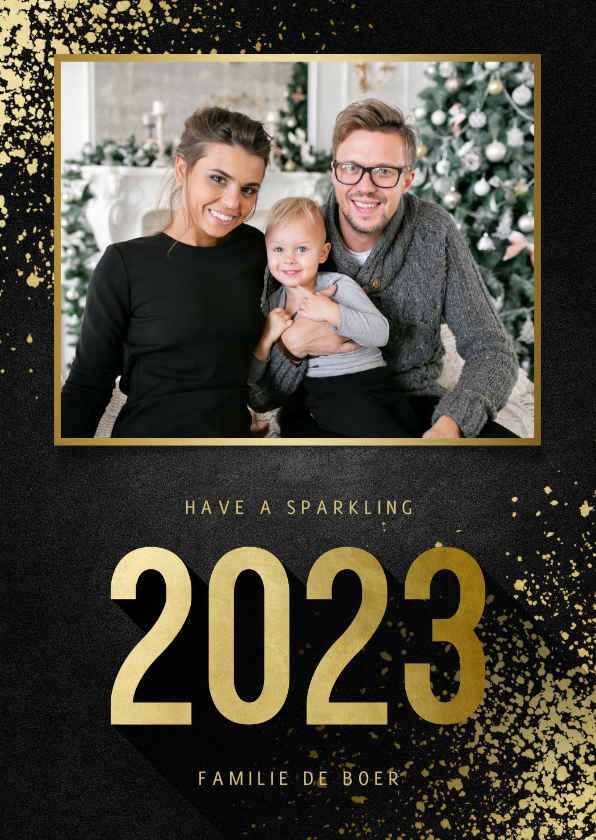 Kerstkaart met foto goudlook 2022 en spetters - Kerstkaarten Kerstkaarten - Kerstkaart met foto goudlook 2022 en spetters