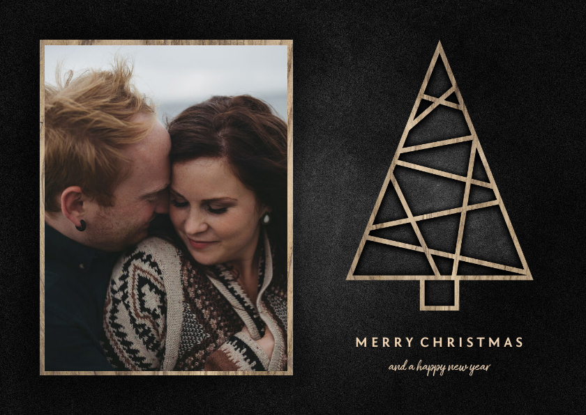 Kerstkaart met foto, houten kerstboom en krijtbord - Kerstkaarten Kerstkaarten - Kerstkaart met foto, houten kerstboom en krijtbord