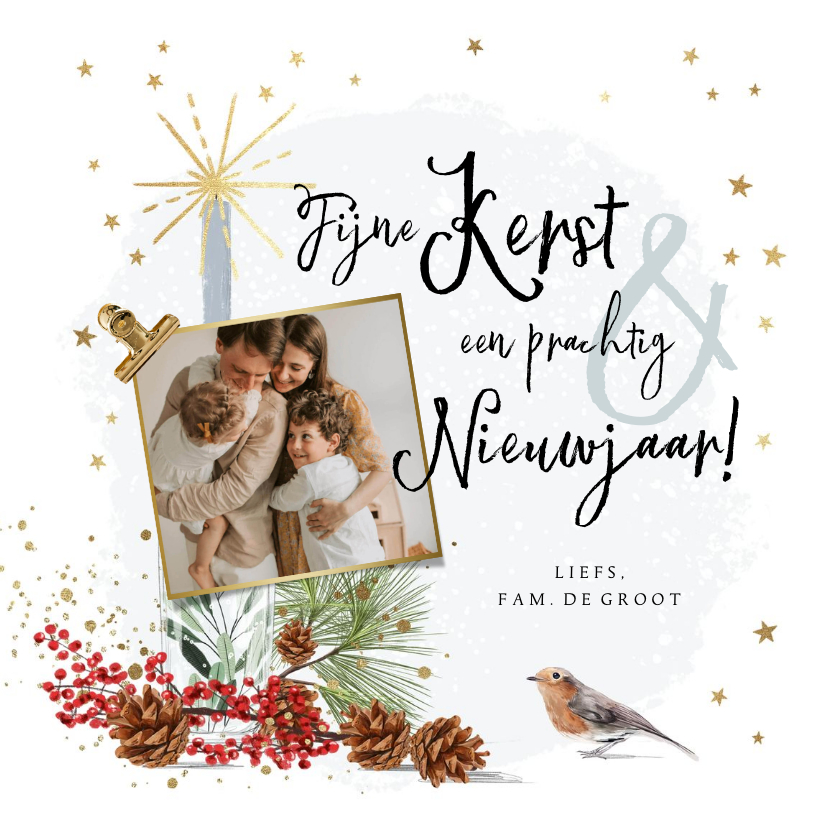 Kerstkaart met foto kaars kersttakken dennenappel vogel ster - Kerstkaarten Kerstkaarten - Kerstkaart met foto kaars kersttakken dennenappel vogel ster