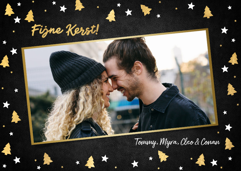 Kerstkaart met foto, kerstbomen, sterren en 'Fijne Kerst!' - Kerstkaarten Kerstkaarten - Kerstkaart met foto, kerstbomen, sterren en 'Fijne Kerst!'