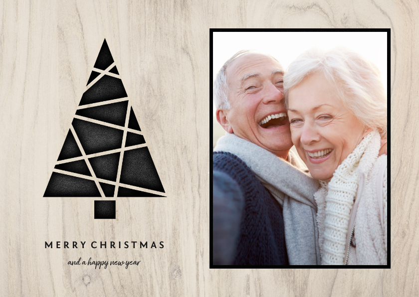 Kerstkaart met foto, kerstboom en houten achtergrond - Kerstkaarten Kerstkaarten - Kerstkaart met foto, kerstboom en houten achtergrond