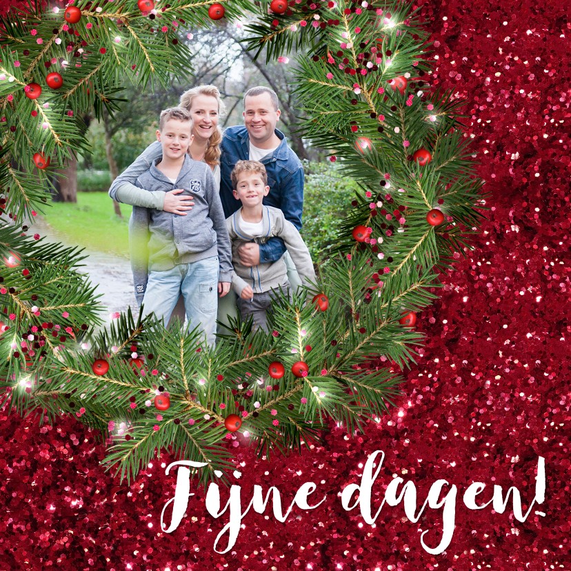 Kerstkaarten - Kerstkaart met foto kerstkrans en rode glitter