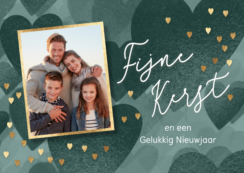 Kerstkaart met foto op groene harten - Kerstkaarten Kerstkaarten - Kerstkaart met foto op groene harten