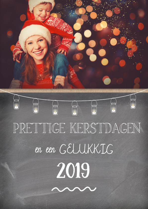 Kerstkaart met foto op schoolbord en gezellige lampjes - Kerstkaarten Kerstkaarten - Kerstkaart met foto op schoolbord en gezellige lampjes