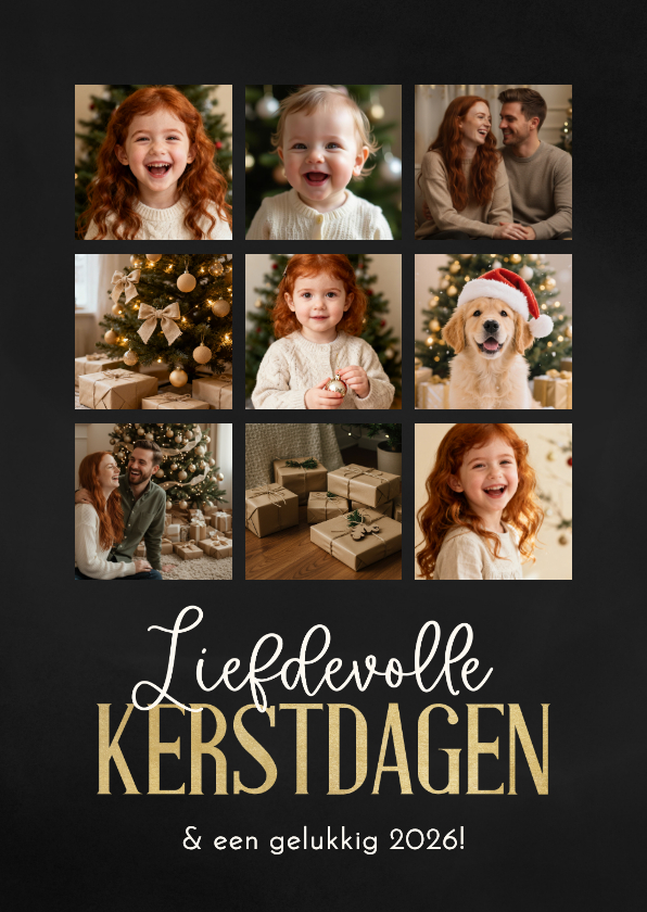Kerstkaarten - Kerstkaart met fotocollage 9 foto's zwart goud