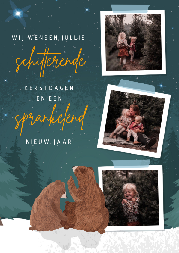 Kerstkaarten - Kerstkaart met fotocollage en illustratie van 3 beren