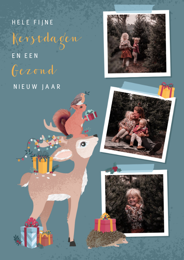 Kerstkaart met fotocollage en illustratie van bosdieren - Kerstkaarten Kerstkaarten - Kerstkaart met fotocollage en illustratie van bosdieren