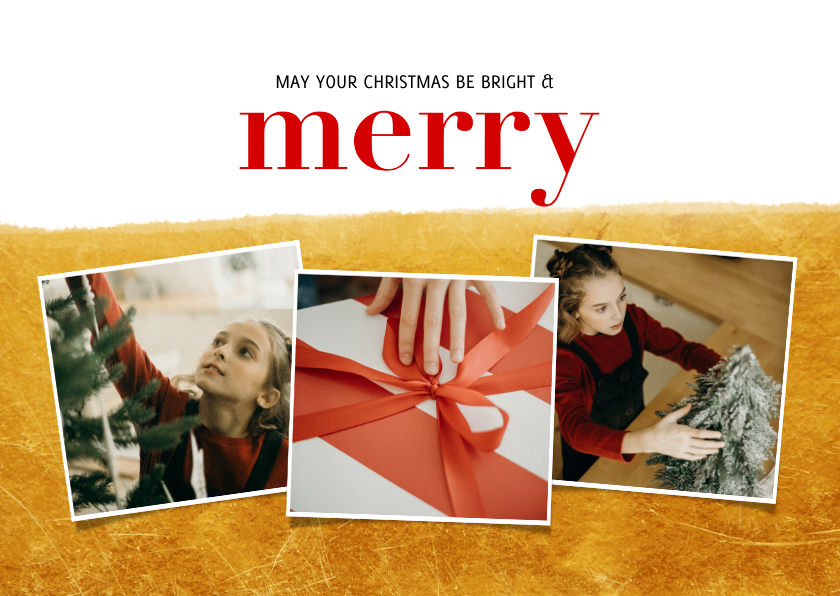 Kerstkaart met fotocollage, goudlook en merry - Kerstkaarten Kerstkaarten - Kerstkaart met fotocollage, goudlook en merry
