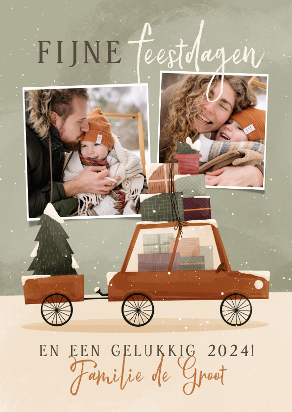 Kerstkaarten - Kerstkaart met foto's en een auto met kerstboom