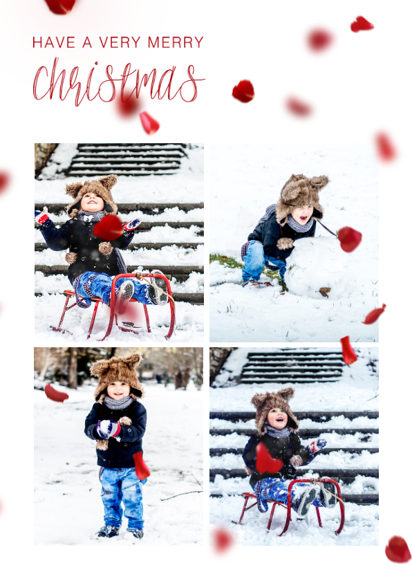Kerstkaart met foto's en rode blaadjes - Kerstkaarten Kerstkaarten - Kerstkaart met foto's en rode blaadjes