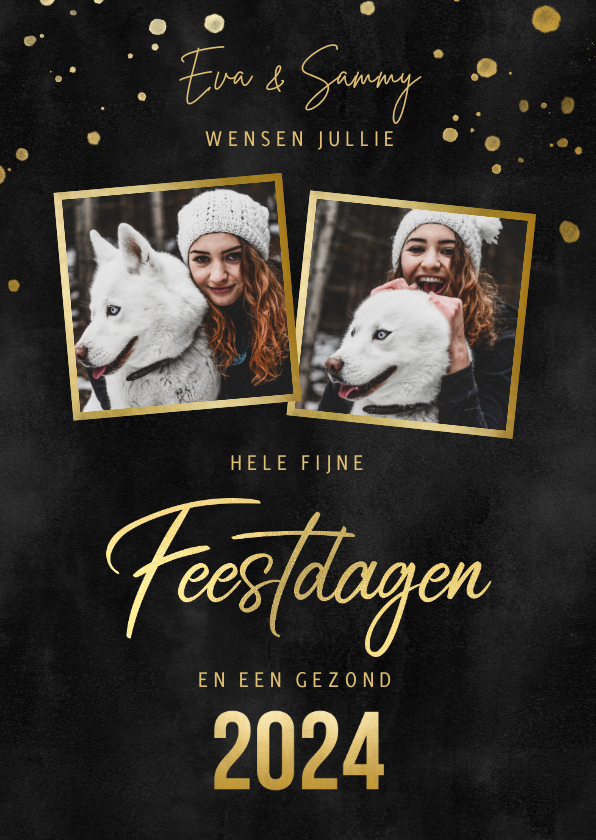 Kerstkaarten - Kerstkaart met foto's, gouden spetters fijne feestdagen