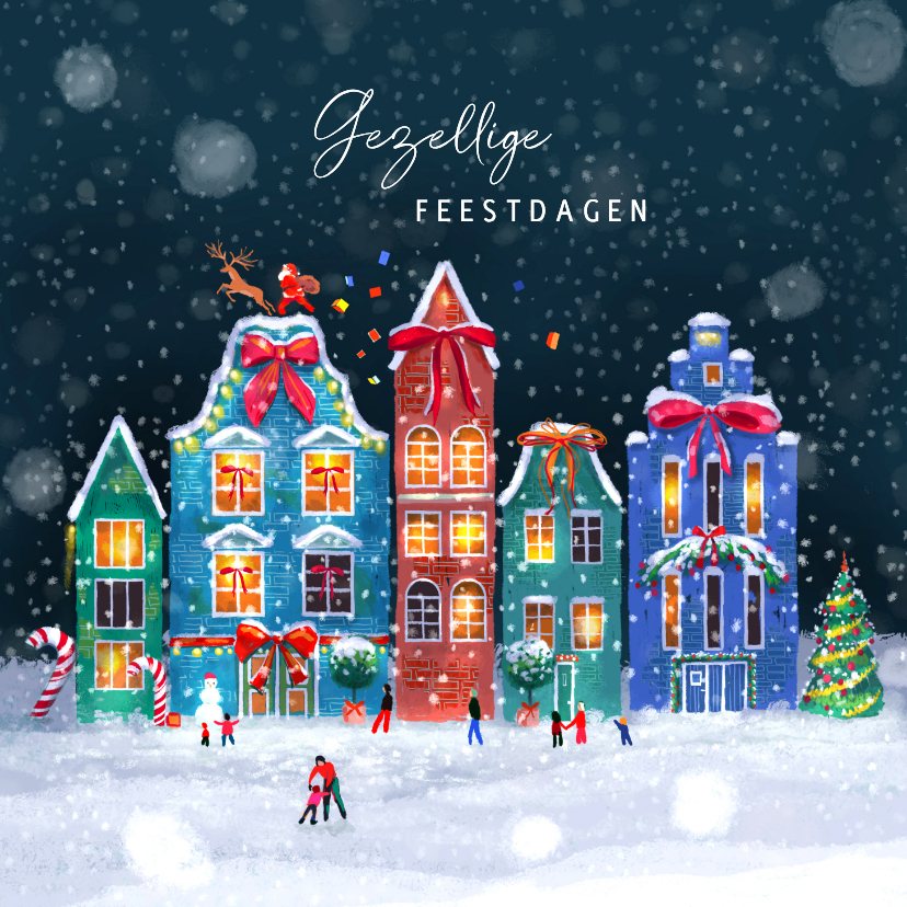 Kerstkaarten - Kerstkaart met gezellig kerstdorpje