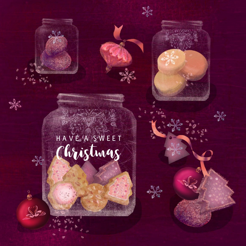 Kerstkaarten - Kerstkaart met glazenpotten met koekjes