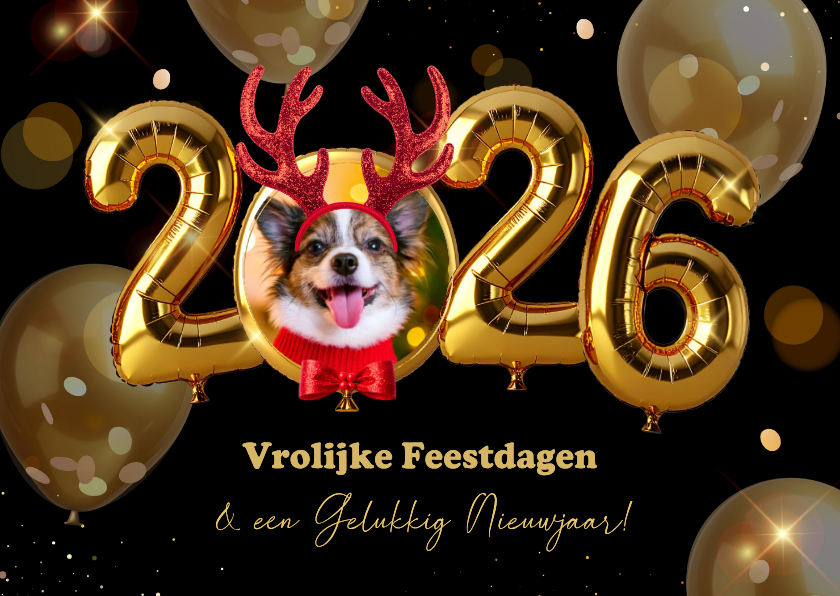 Kerstkaart met gouden heliumballonnen, eigen foto en props - Kerstkaarten Kerstkaarten - Kerstkaart met gouden heliumballonnen, eigen foto en props