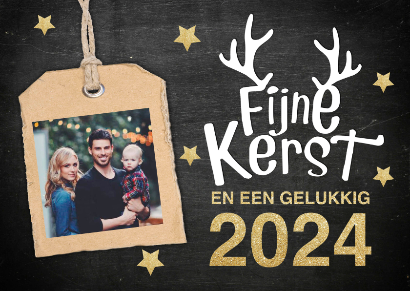 Kerstkaart met gouden letters en hip gewei en label - Kerstkaarten Kerstkaarten - Kerstkaart met gouden letters en hip gewei en label