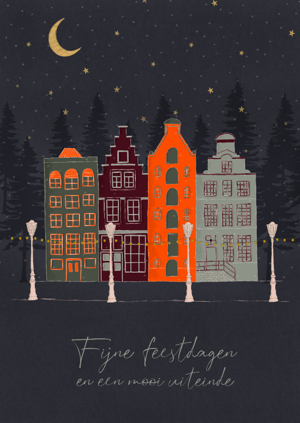 Kerstkaarten - Kerstkaart met grachtenpanden op een winteravond