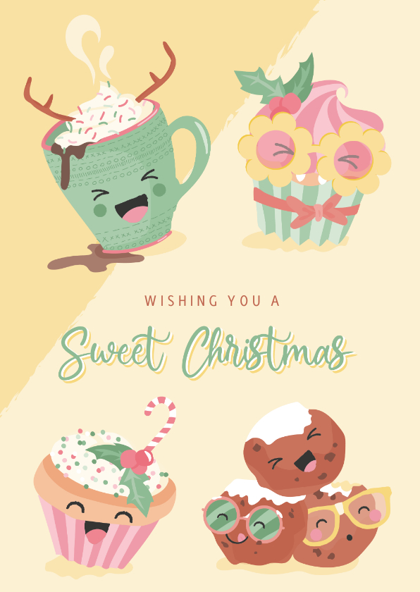 Kerstkaart met grappige illustraties van kerst lekkernijen - Kerstkaarten Kerstkaarten - Kerstkaart met grappige illustraties van kerst lekkernijen
