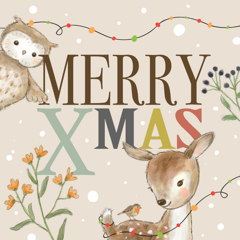 Kerstkaart met hert uil kerstlampjes Xmas - Kerstkaarten Kerstkaarten - Kerstkaart met hert uil kerstlampjes Xmas