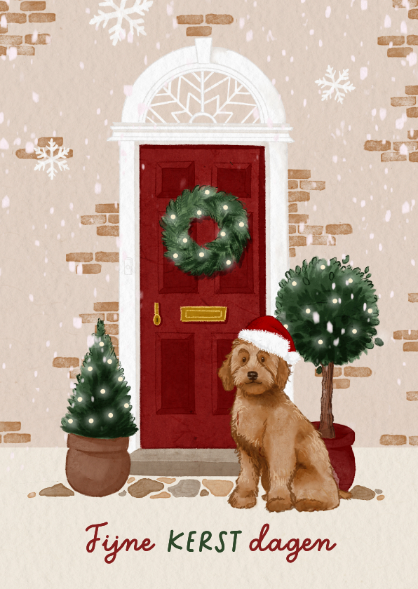 Kerstkaarten - Kerstkaart met hondje en kerstkrans