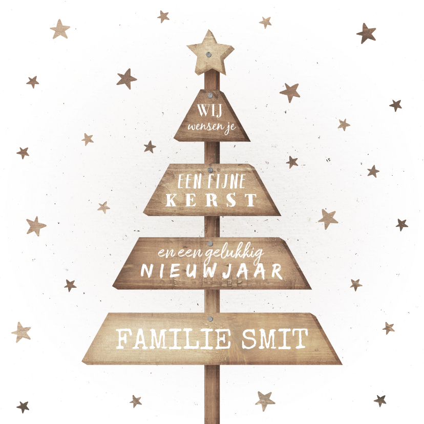 Kerstkaart met houten kerstboom en sterren - Kerstkaarten Kerstkaarten - Kerstkaart met houten kerstboom en sterren