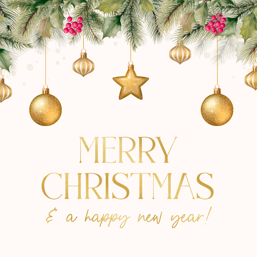 Kerstkaarten - Kerstkaart met hulst besjes en gouden kerstballen hangend
