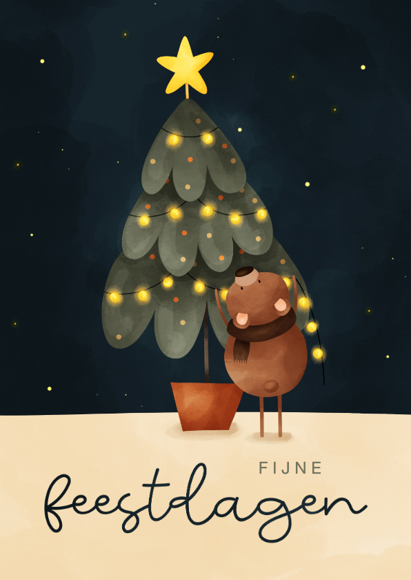 Kerstkaart met illustratie van kerstboom met ster en beertje - Kerstkaarten Kerstkaarten - Kerstkaart met illustratie van kerstboom met ster en beertje