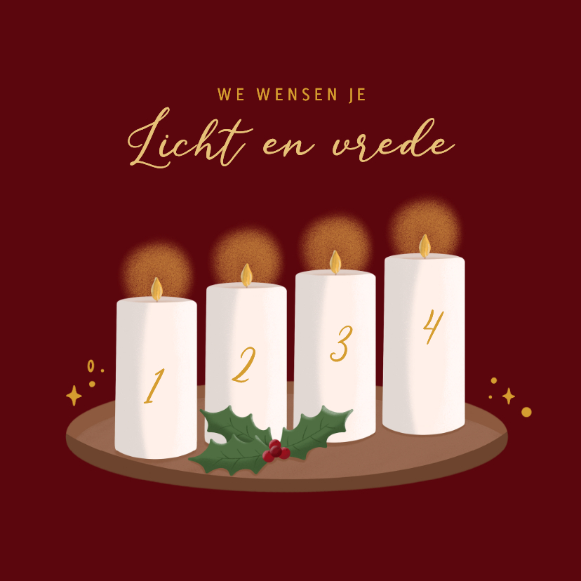 Kerstkaart met illustratie vier advent kaarsen en hulst - Kerstkaarten Kerstkaarten - Kerstkaart met illustratie vier advent kaarsen en hulst
