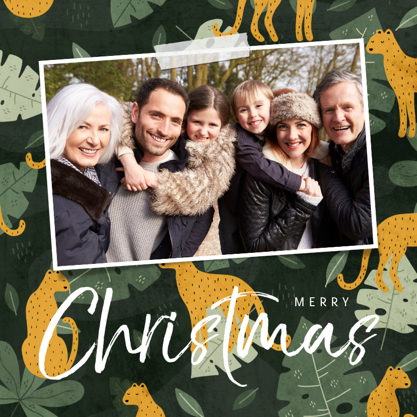 Kerstkaart met jungle patroon en grote foto - Kerstkaarten Kerstkaarten - Kerstkaart met jungle patroon en grote foto
