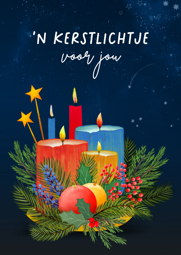 Kerstkaarten - Kerstkaart met kaarsen, takjes en ballen