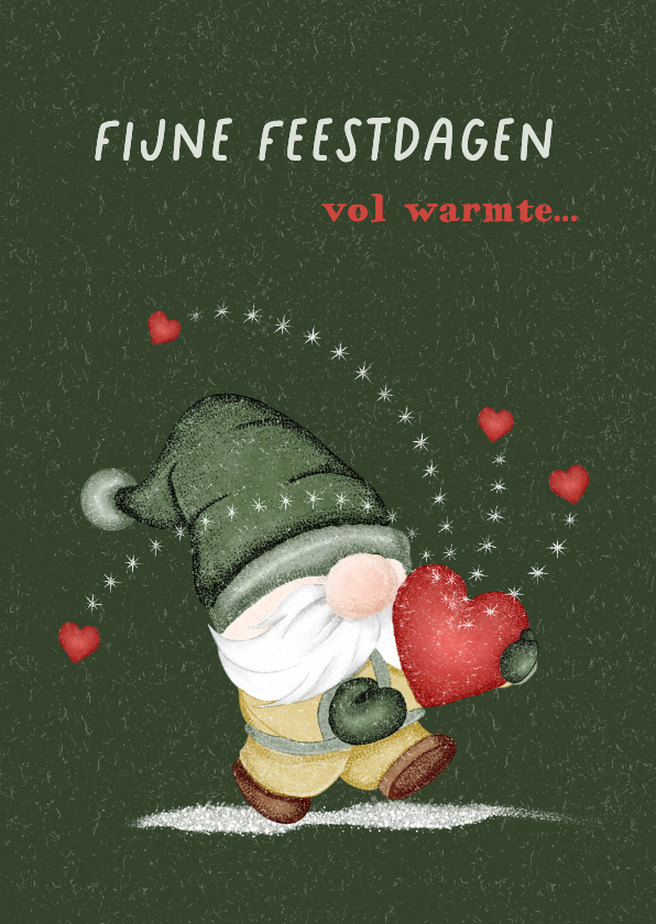 Kerstkaart met kabouter die hartjes uitdeelt - Kerstkaarten Kerstkaarten - Kerstkaart met kabouter die hartjes uitdeelt