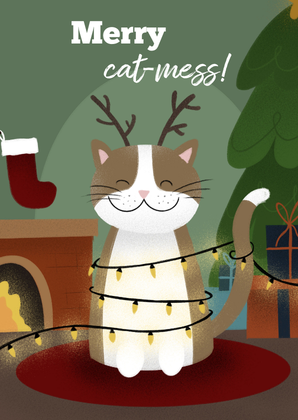 Kerstkaarten - Kerstkaart met kat merry cat-mess
