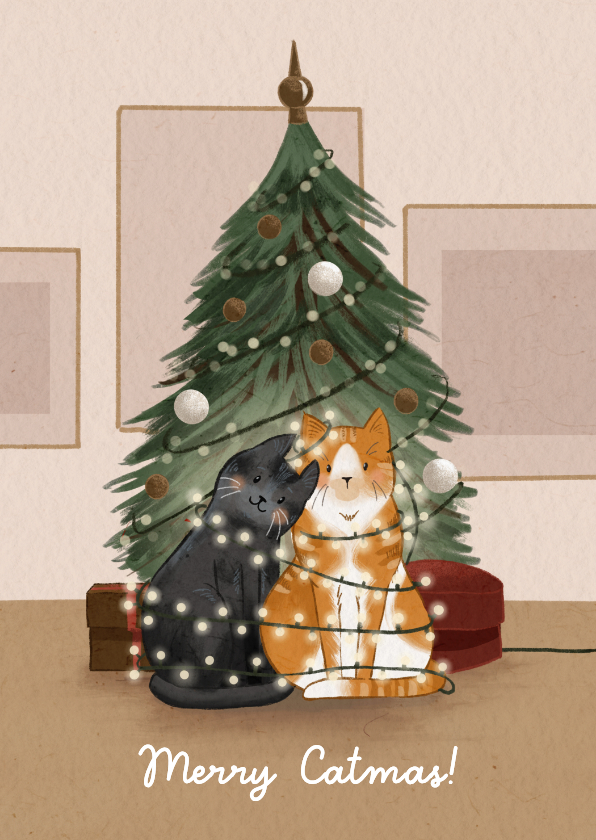 Kerstkaart met katten en kerstboom - Kerstkaarten Kerstkaarten - Kerstkaart met katten en kerstboom