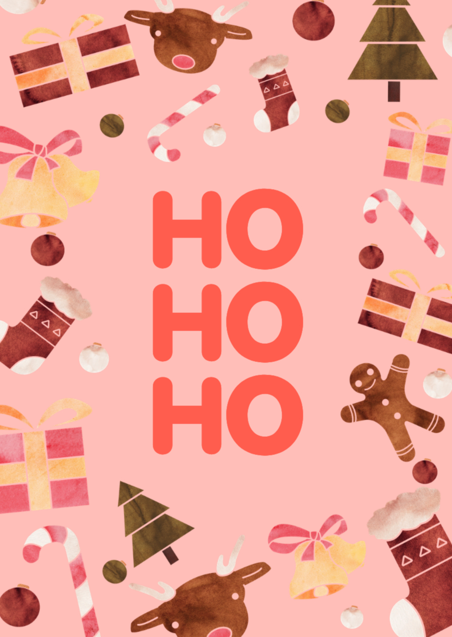Kerstkaart met kerst illustraties en tekst hohoho - Kerstkaarten Kerstkaarten - Kerstkaart met kerst illustraties en tekst hohoho