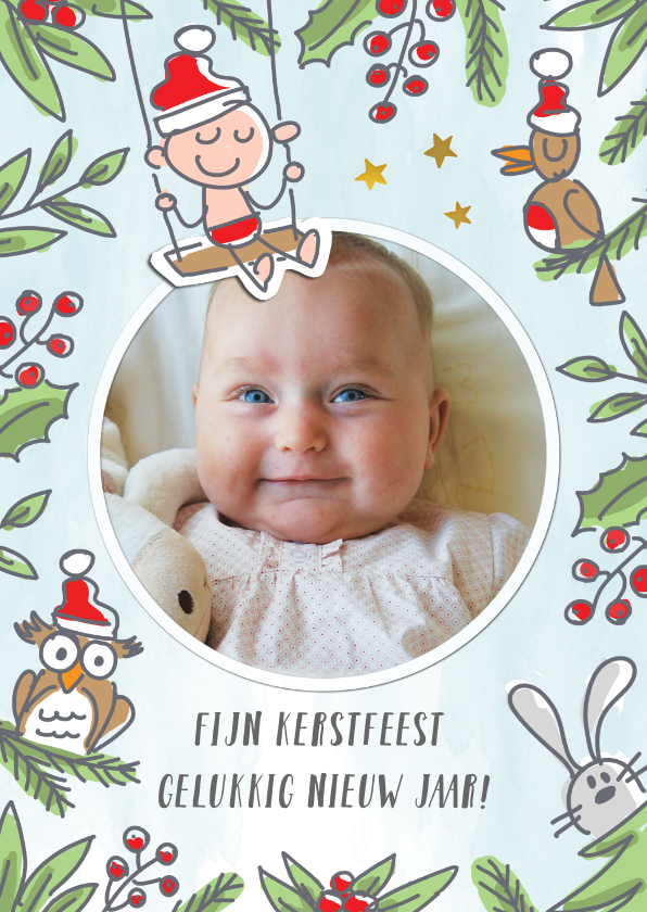 Kerstkaarten - Kerstkaart met kerstbaby en vogel konijn en uil